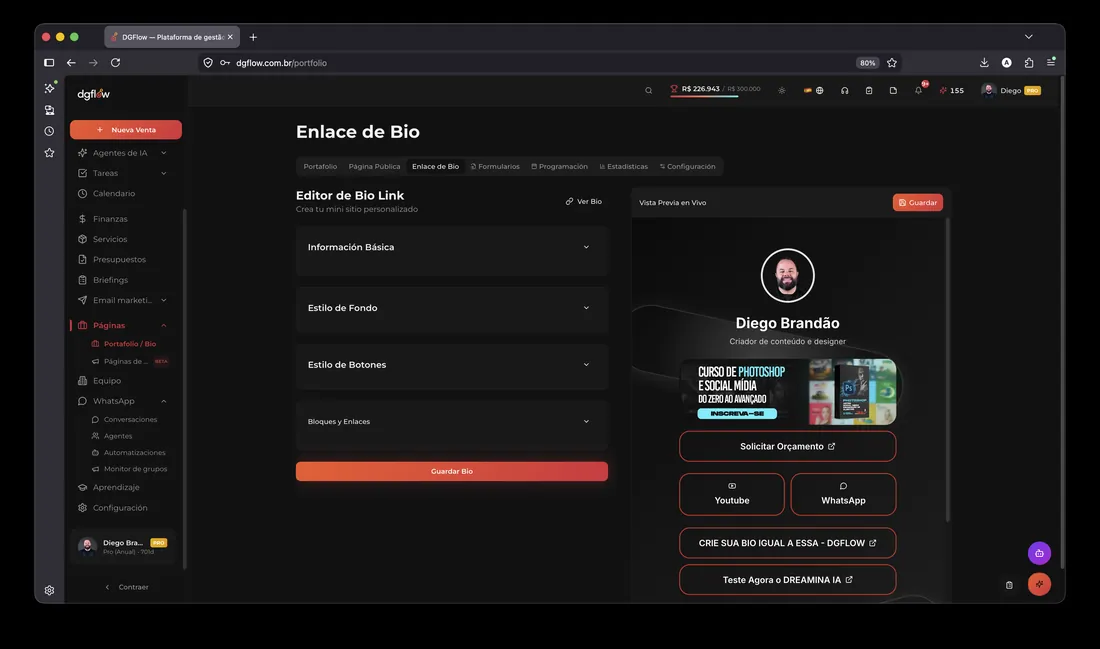 Editor del enlace en la bio con vista previa